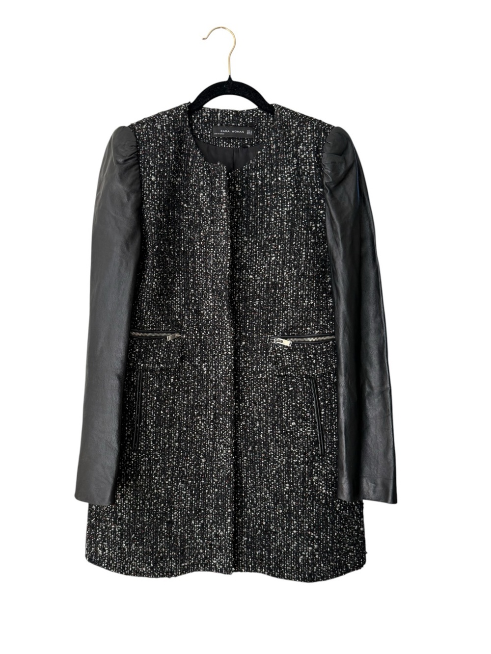 Zara Woman Black Tweed Coat Faux Leather Sleeves Zip Pockets Size Medium